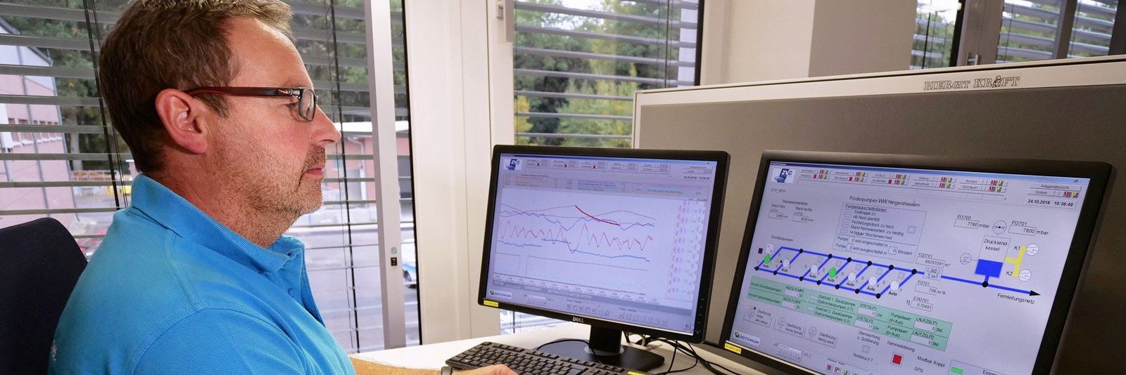 24h Bereitschaft – Mann sitzt am Bürotisch vor Screens mit Analysedaten