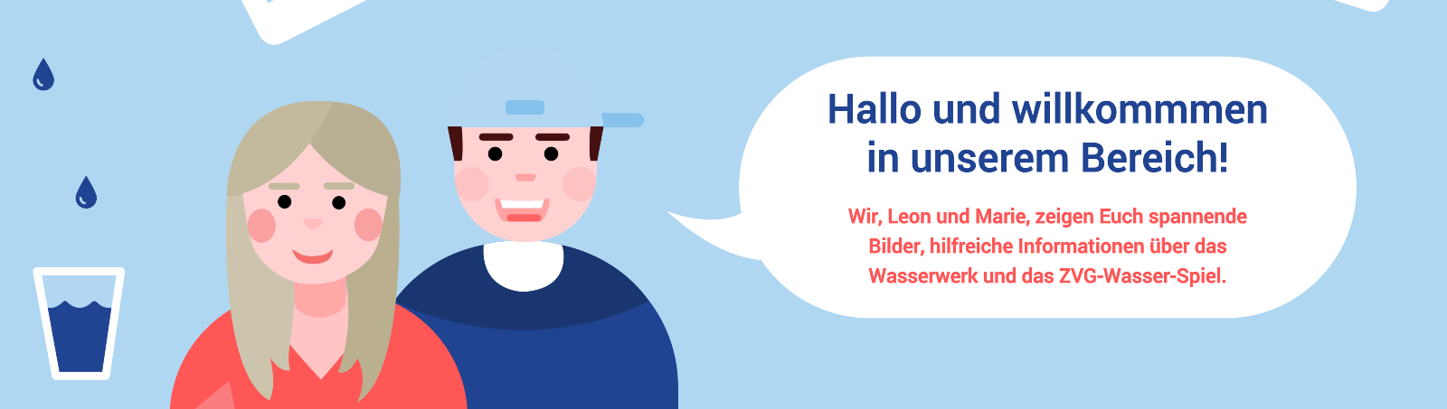 Abbildung von Leon und Marie, welche den Kindern Bilder, Informationen und das ZVG-Wasser-Spiel zeigen