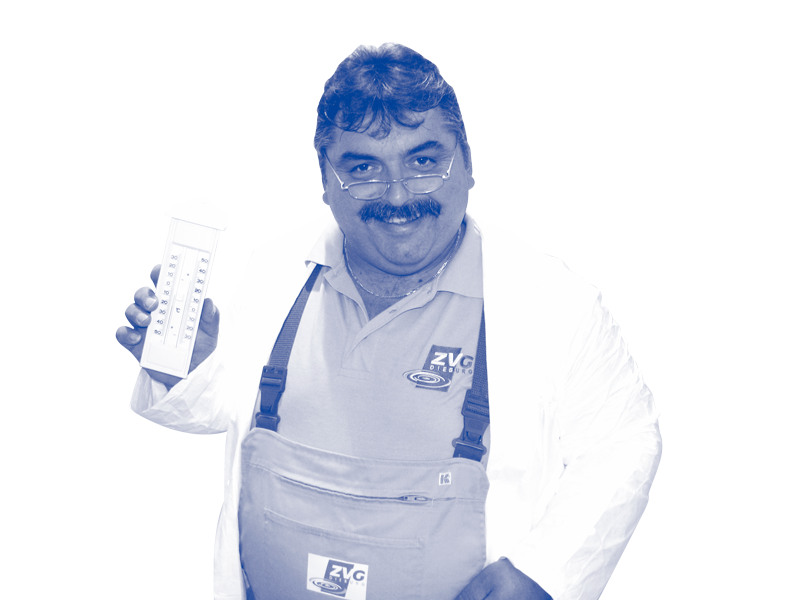 Funfact-Bild: Mitarbeiter hält Thermometer in der Hand